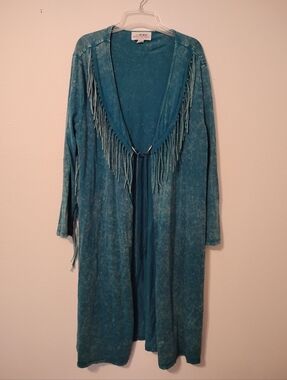 BACK IN THE SADDLE Distressed Fringe Concho Tie Front Duster Cardigan